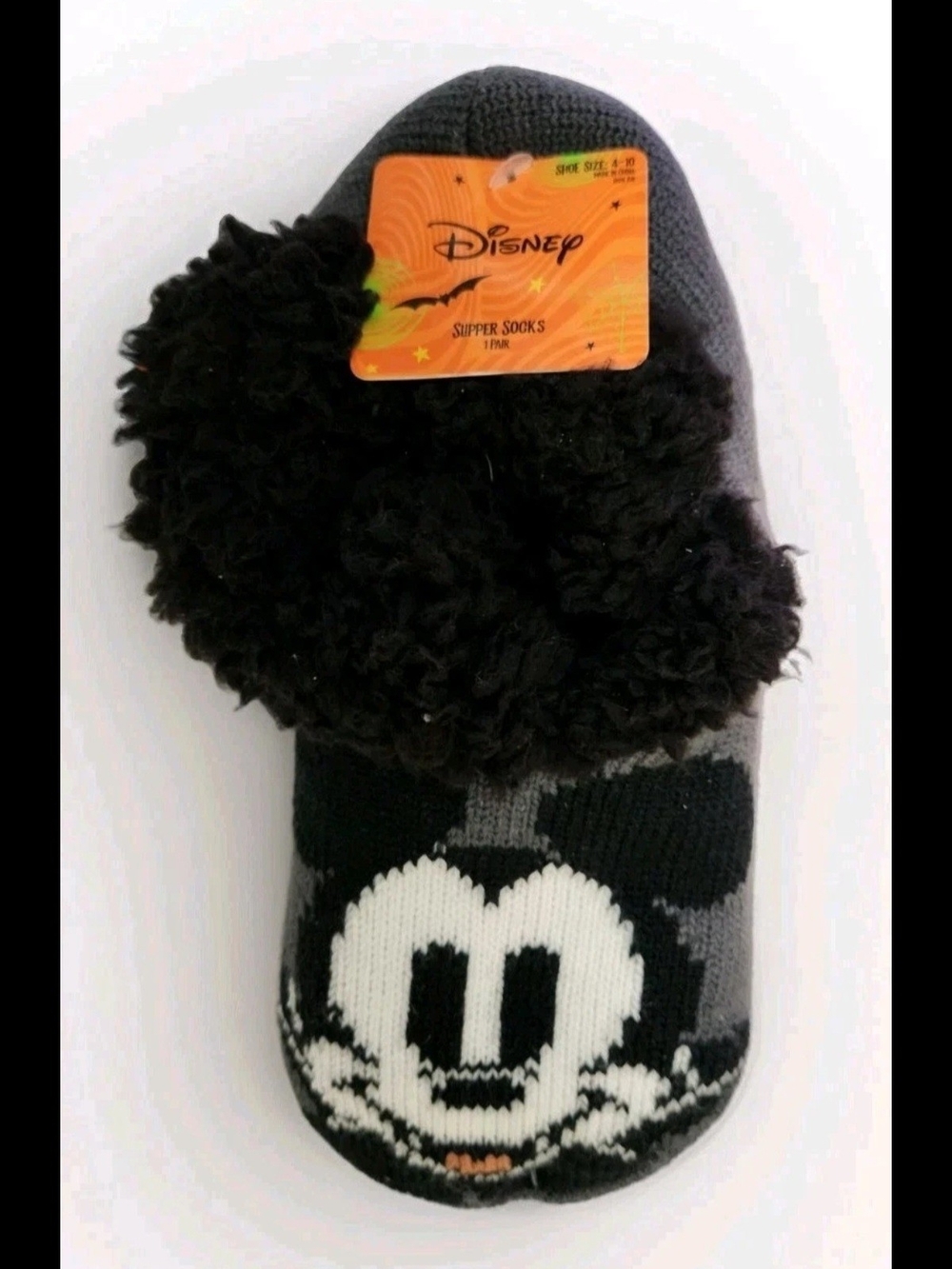 Disney Gray and Black Mickey Mouse Fuzzy Cuff Slipper Socks